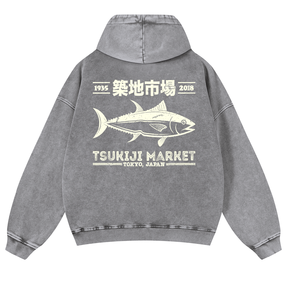 Tsukiji Market Fish Vintage Washed Cotton Back Art Hoodie