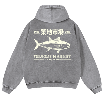 Tsukiji Market Fish Vintage Washed Cotton Back Art Hoodie