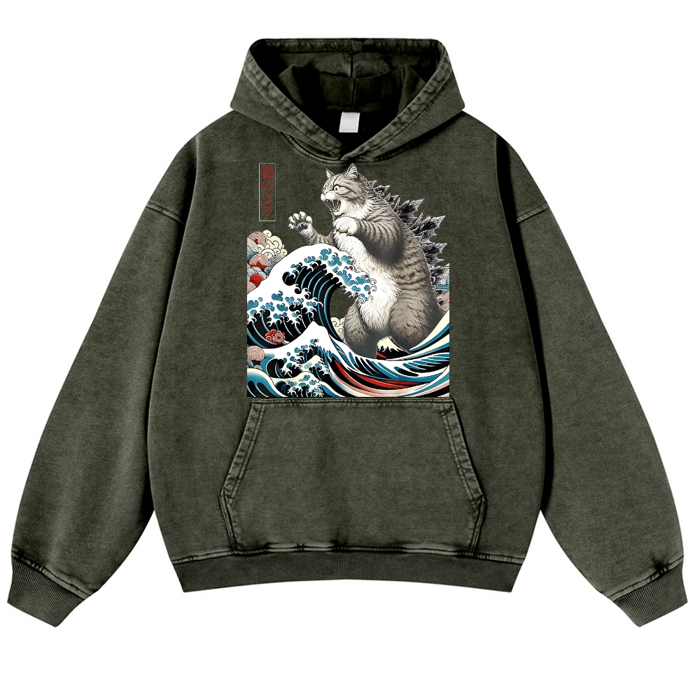 Cat Godzilla Ukiyoe Great Wave Vintage Washed Thick Cotton Hoodie