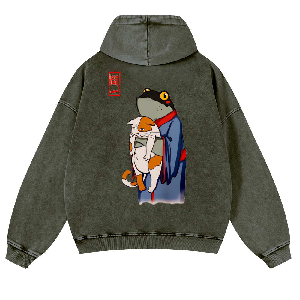 Frog and Cat Vintage Washed Cotton Back Art Hoodie