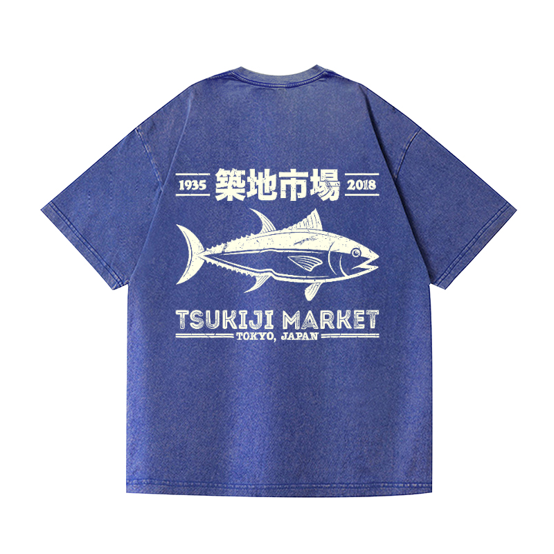 Tsukiji Market Tokyo Japan Fish Vintage Wash Japanese Design Back Art T-Shirt