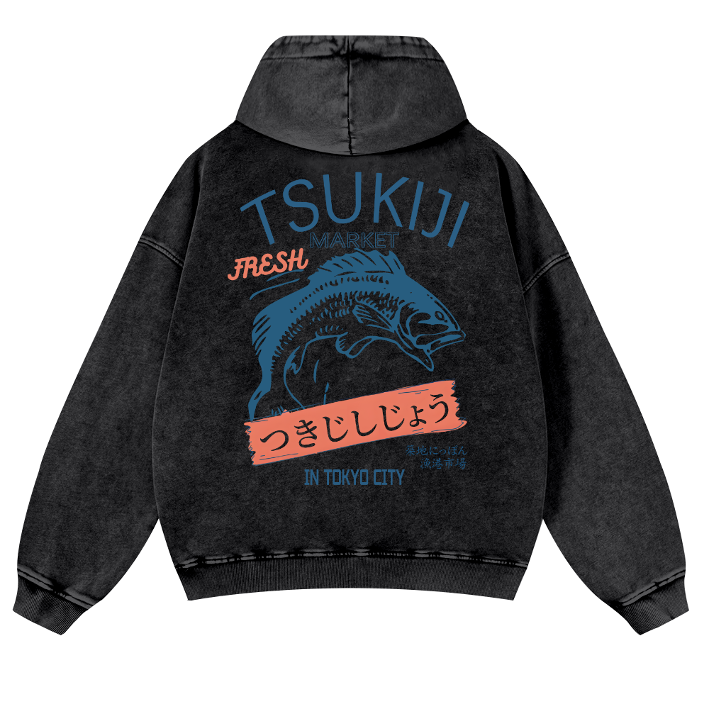 Tsukiji Fish Market Vintage Washed Cotton Back Art Hoodie