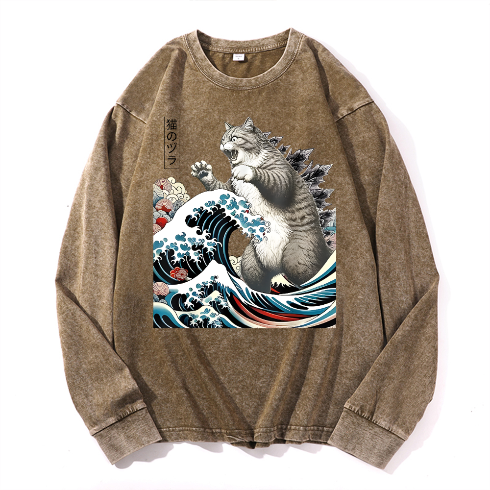 Cat Godzilla Ukiyoe Great Wave Vintage Cotton Wash Crewneck Sweatshirt