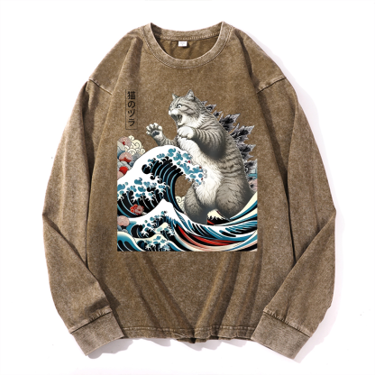 Cat Godzilla Ukiyoe Great Wave Vintage Cotton Wash Crewneck Sweatshirt