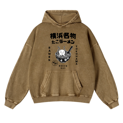 Yokohama Ramen Octopus Vintage Washed Thick Cotton Hoodie