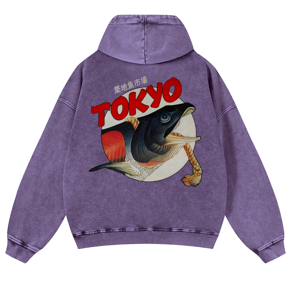 Tsukiji Fish Market Vintage Washed Cotton Back Art Hoodie