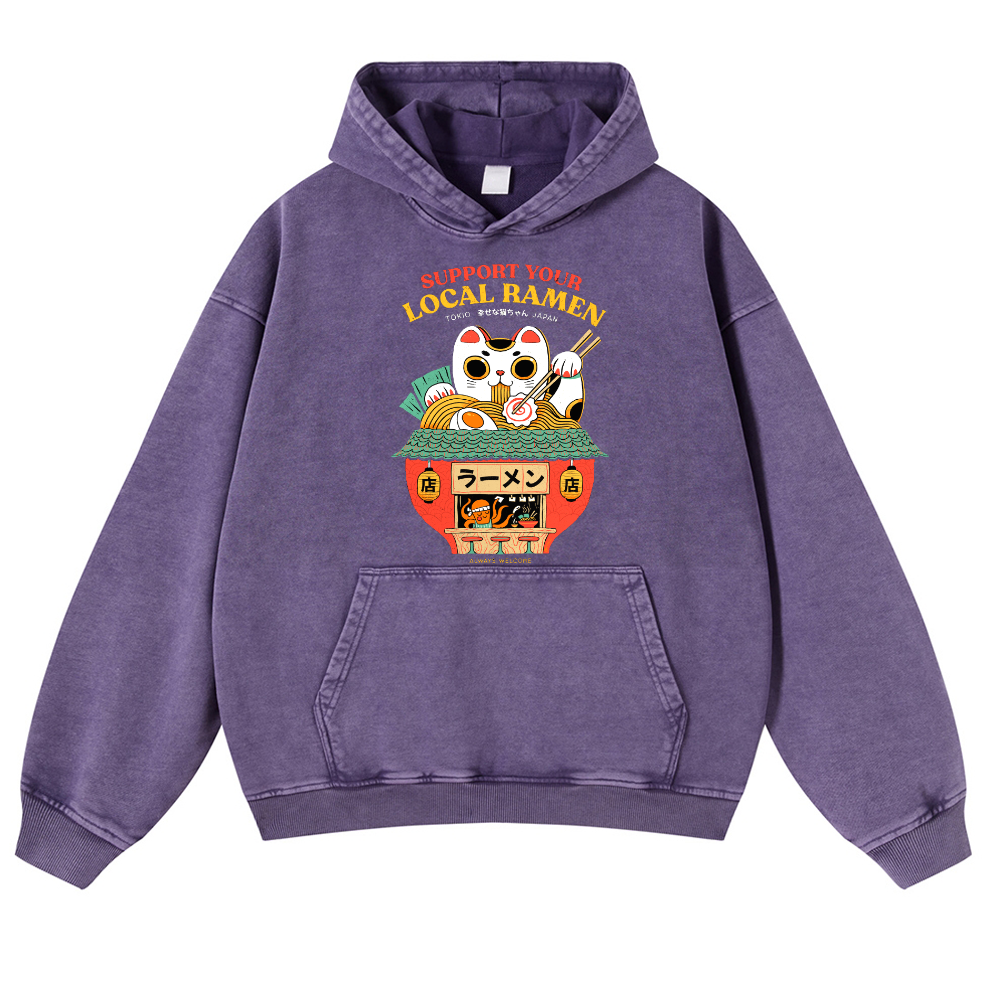 Lucky Cat Vintage Washed Thick Cotton Hoodie