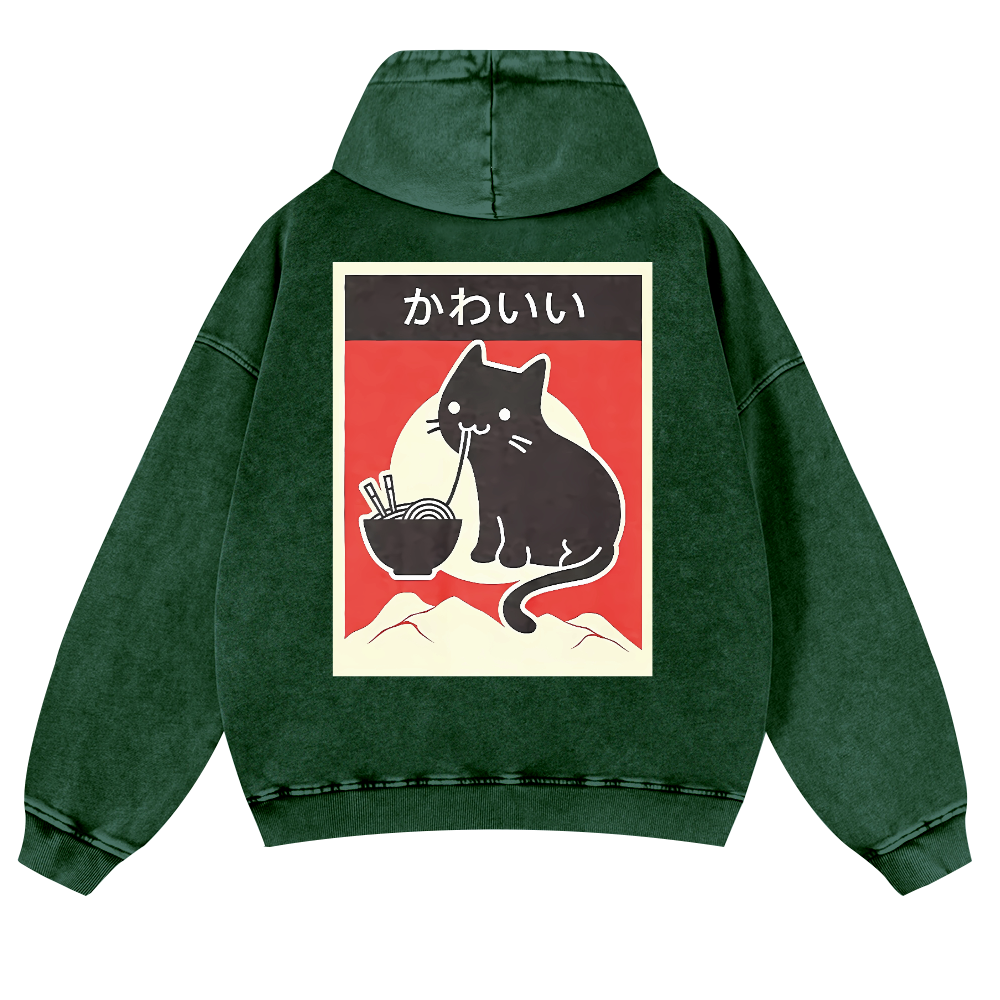 Ramen Cat Vintage Washed Cotton Back Art Hoodie