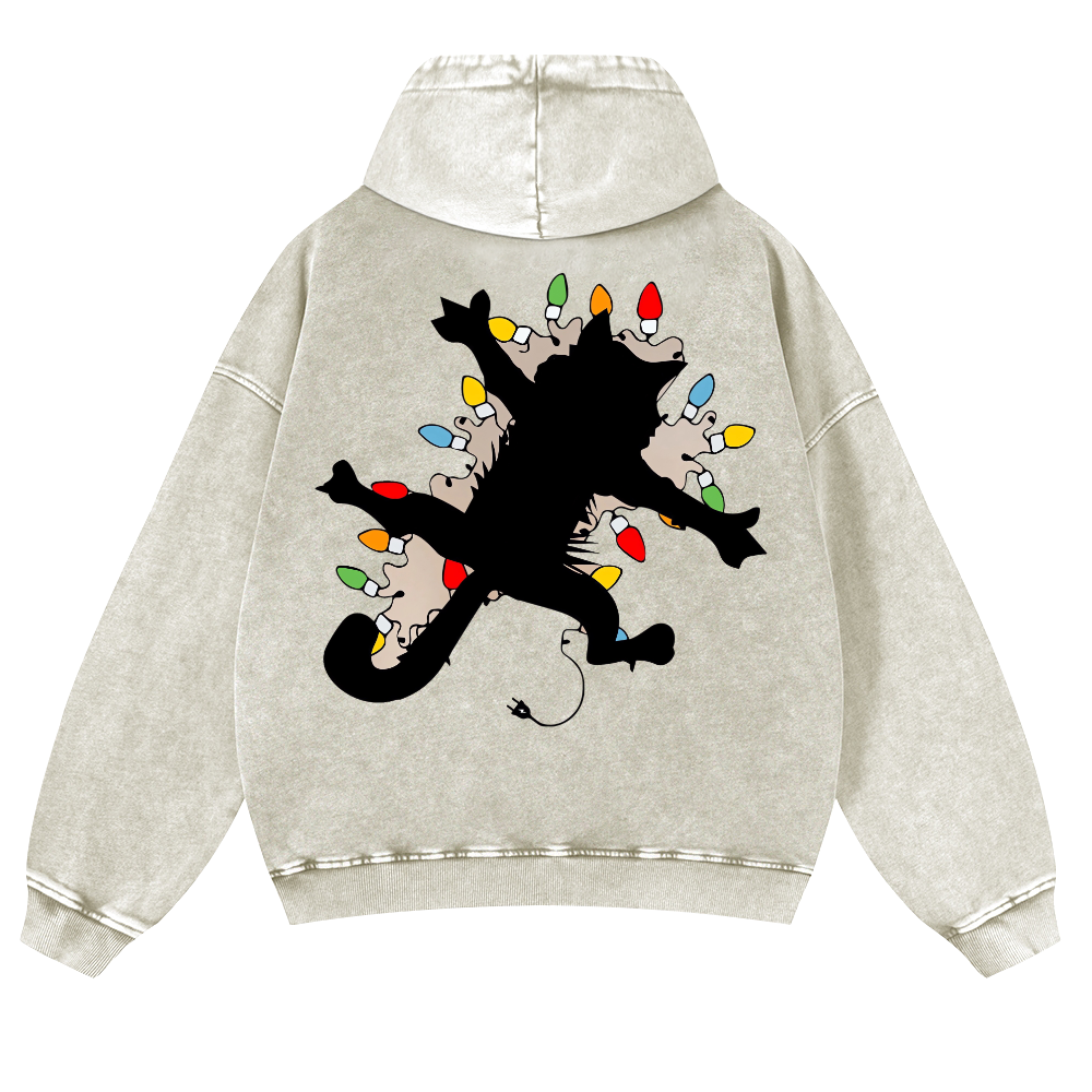 Cat Silhouette and Colorful Bulbs Vintage Washed Cotton Back Art Hoodie