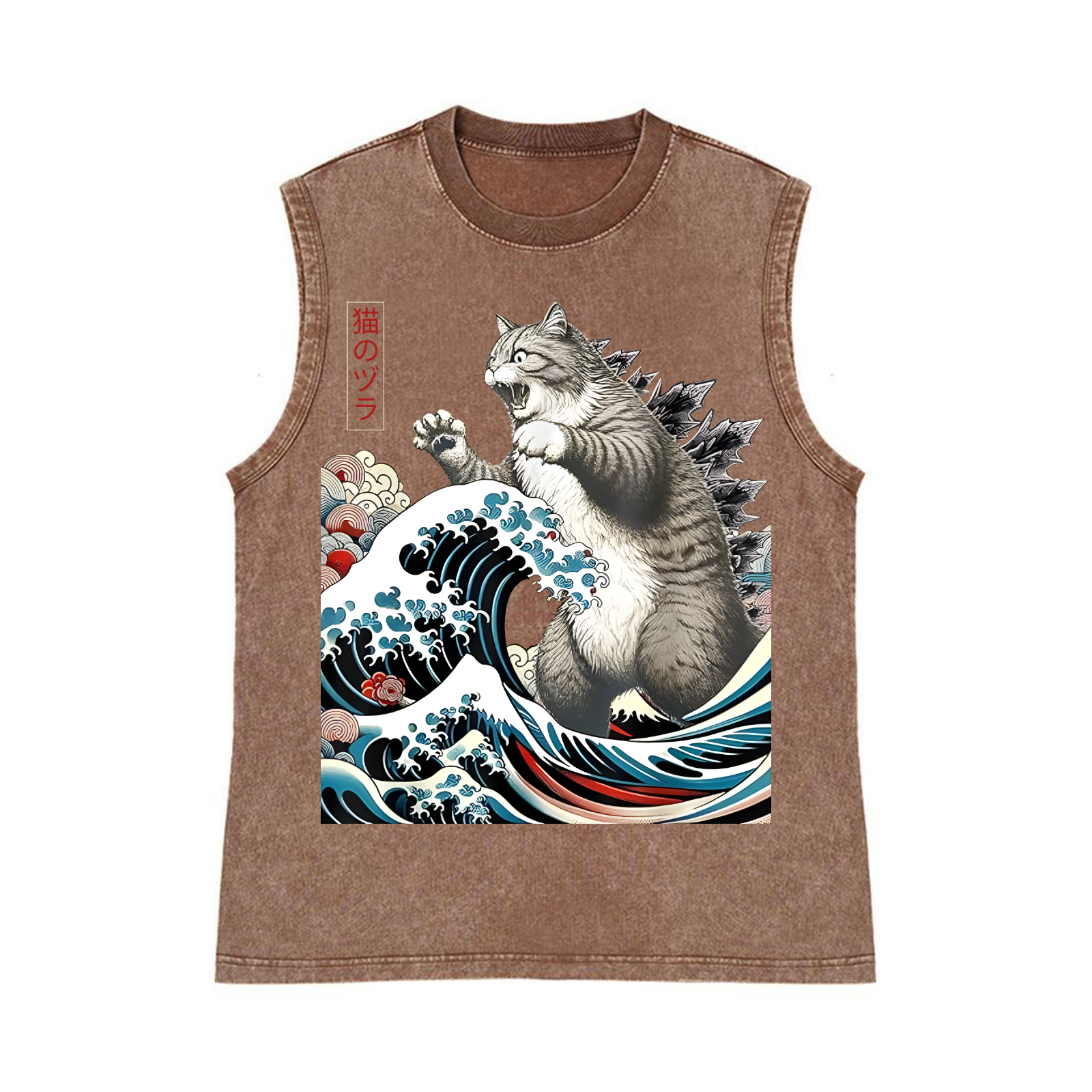 Cat Godzilla Ukiyoe Great Wave Pure Cotton Wash-Dyed Sleeveless Tank Top