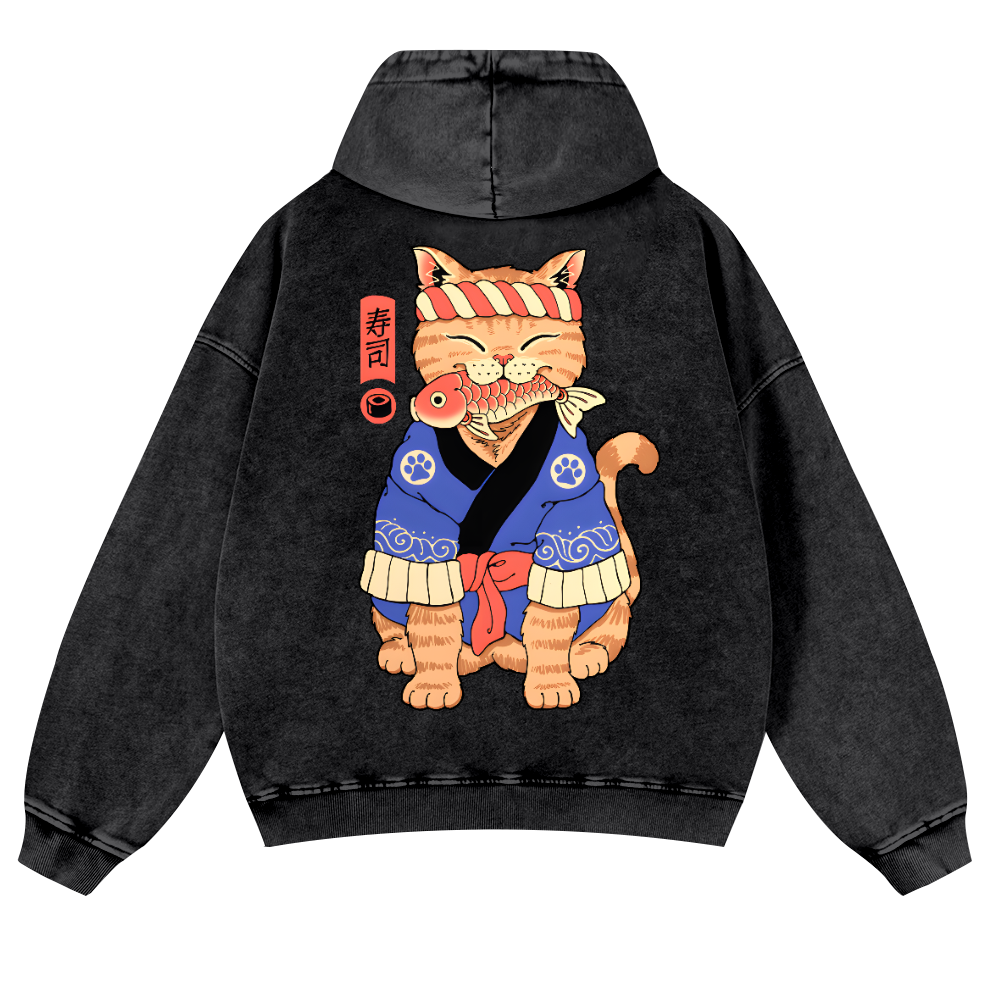 Cat Vintage Washed Cotton Back Art Hoodie