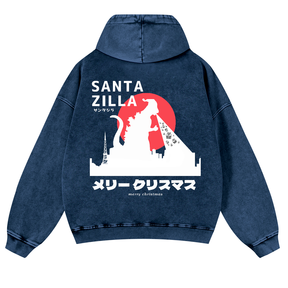 Christmas Godzilla Vintage Washed Cotton Back Art Hoodie