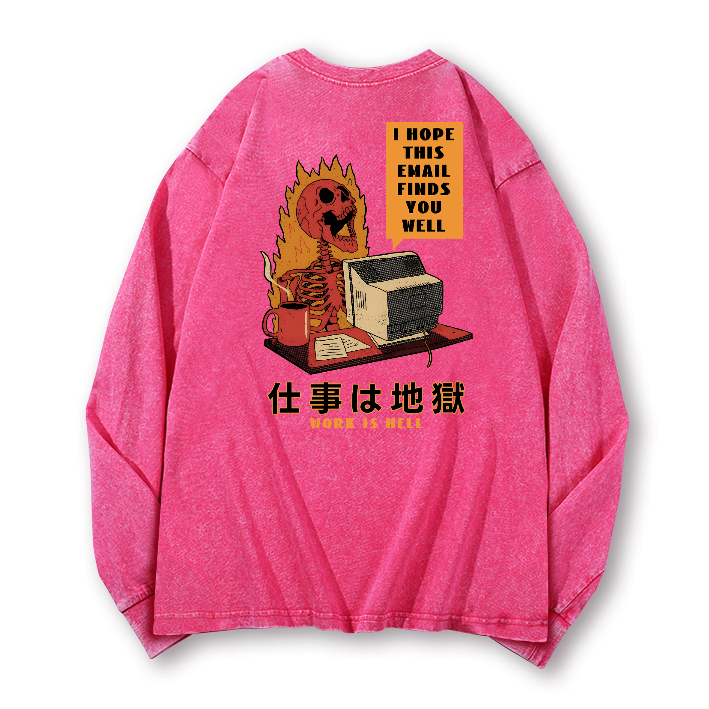 Skull Work Is Hell Vintage Washed Cotton Back Art Long-sleeve T-shirt