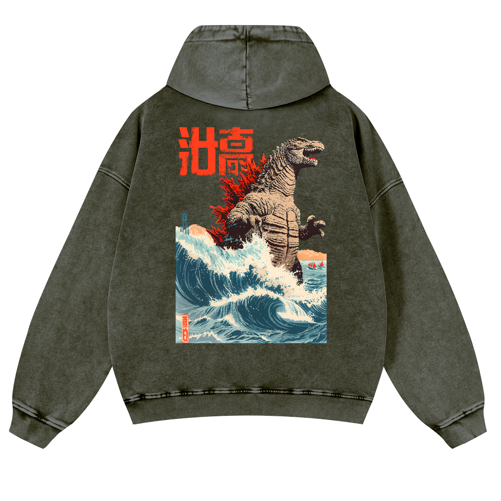 Godzilla Wave Vintage Washed Cotton Back Art Hoodie