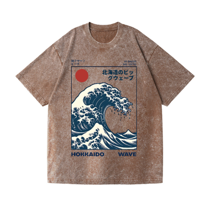 Hokkaido Wave Ukiyoe Vintage Wash Japanese Design T-Shirt
