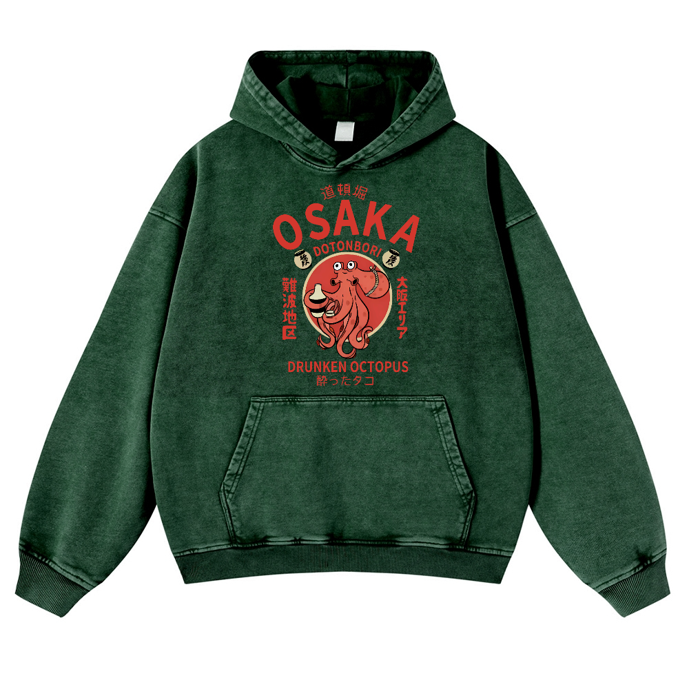 OSAKA Dotonbori Octopus Vintage Washed Thick Cotton Hoodie