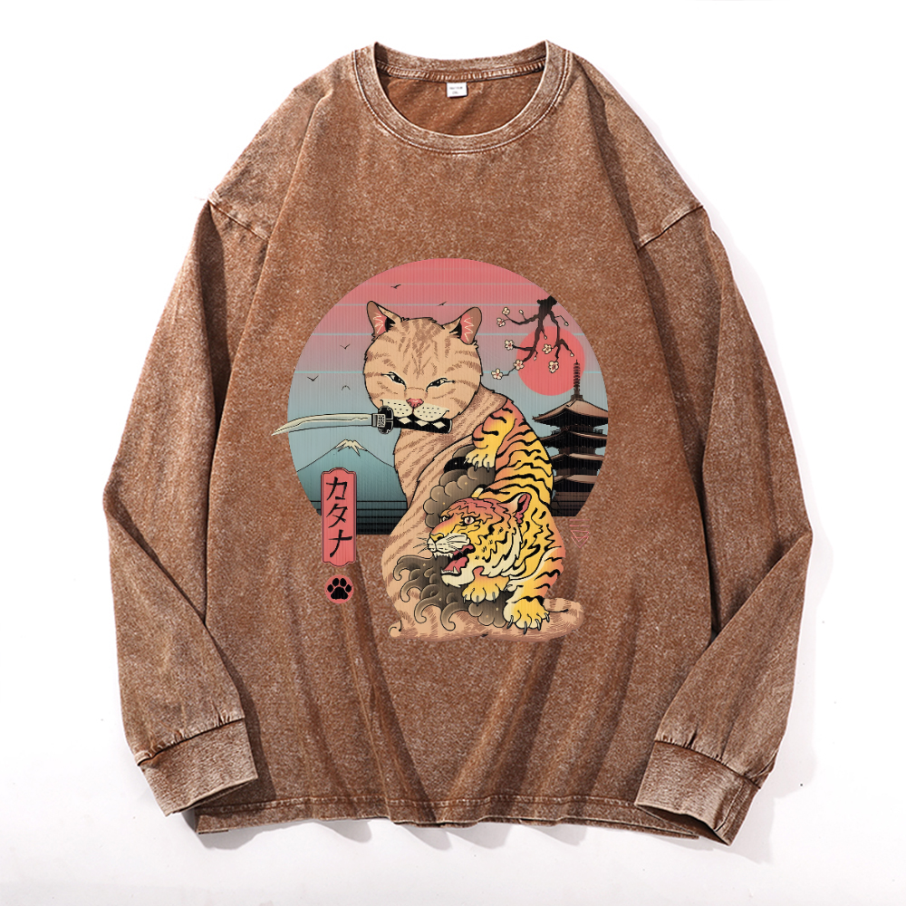 Cat Vintage Cotton Wash Crewneck Long-Sleeve T-Shirt