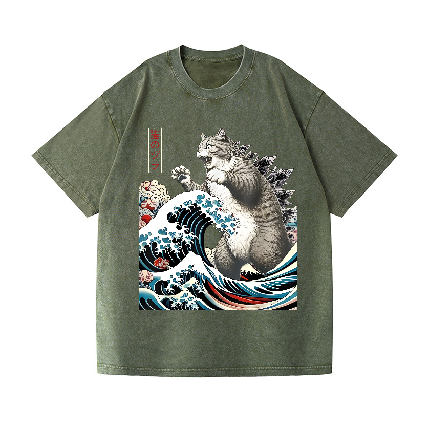Cat godzilla Ukiyoe Great Wave Vintage Wash Japanese Design T-Shirt