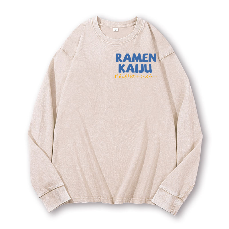 Ramen Godzilla Vintage Washed Cotton Back Art Long-sleeve T-shirt