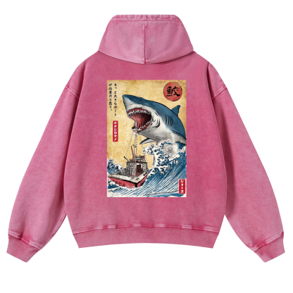 Shark Ukiyoe Vintage Washed Cotton Back Art Hoodie