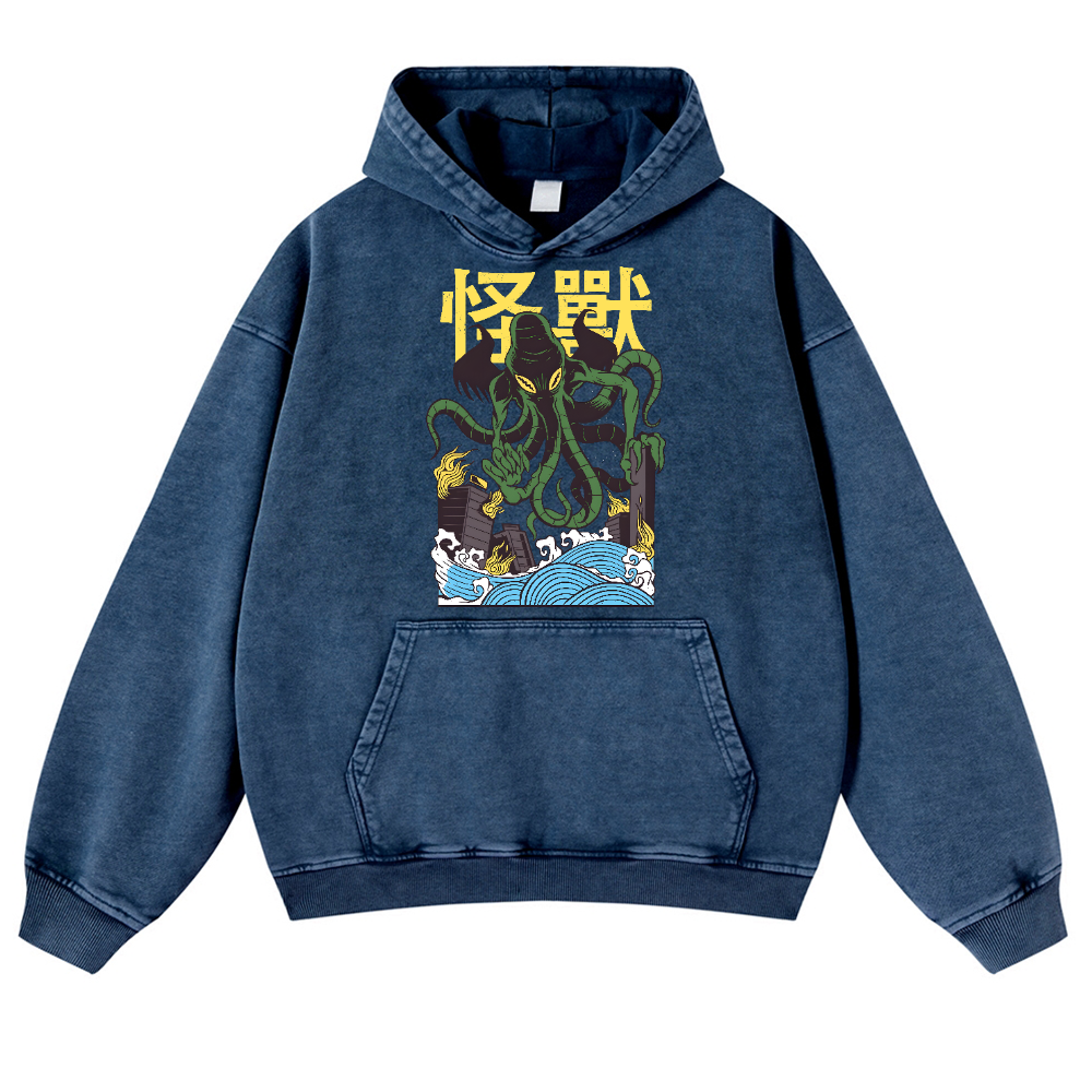 Octopus Monster Vintage Washed Thick Cotton Hoodie