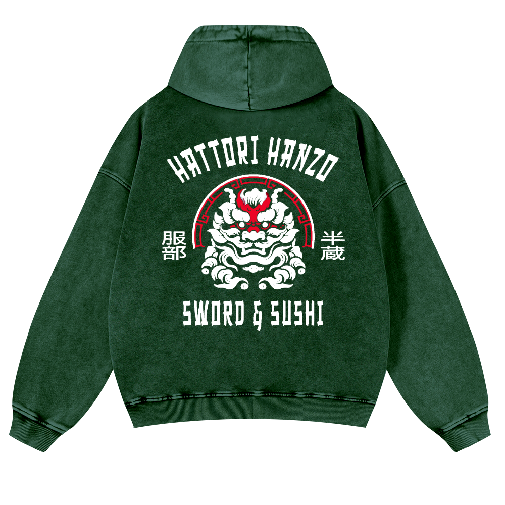 Hattori Hanzo Komainu Vintage Washed Cotton Back Art Hoodie