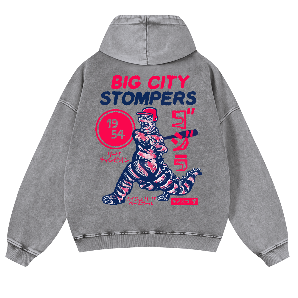 Baseball Godzilla Vintage Washed Cotton Back Art Hoodie