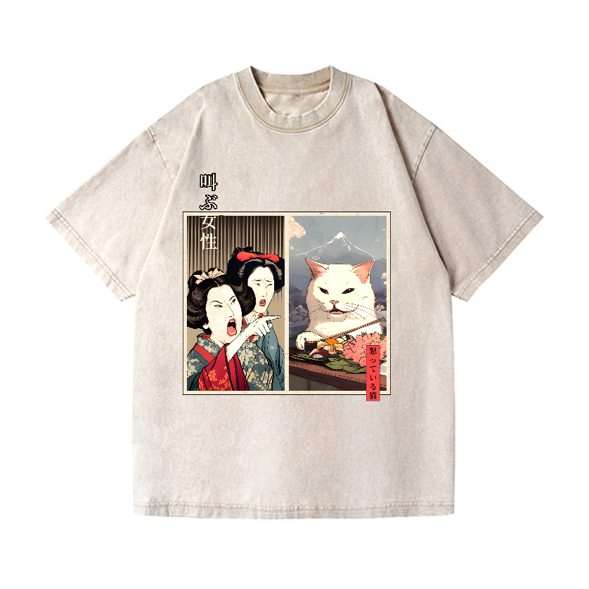 Women Yelling Cats Vintage Wash Japanese Design T-Shirt