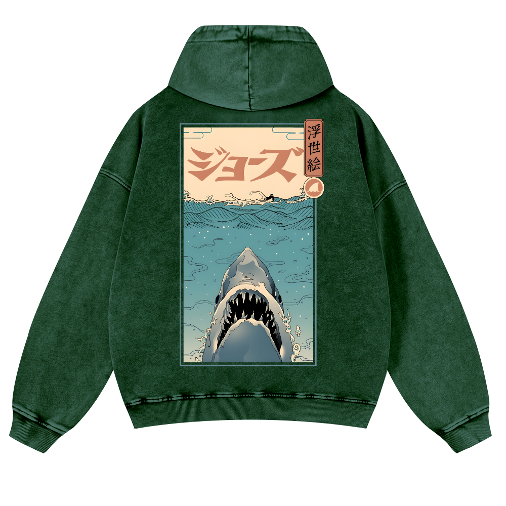 Shark Ukiyoe Vintage Washed Cotton Back Art Hoodie
