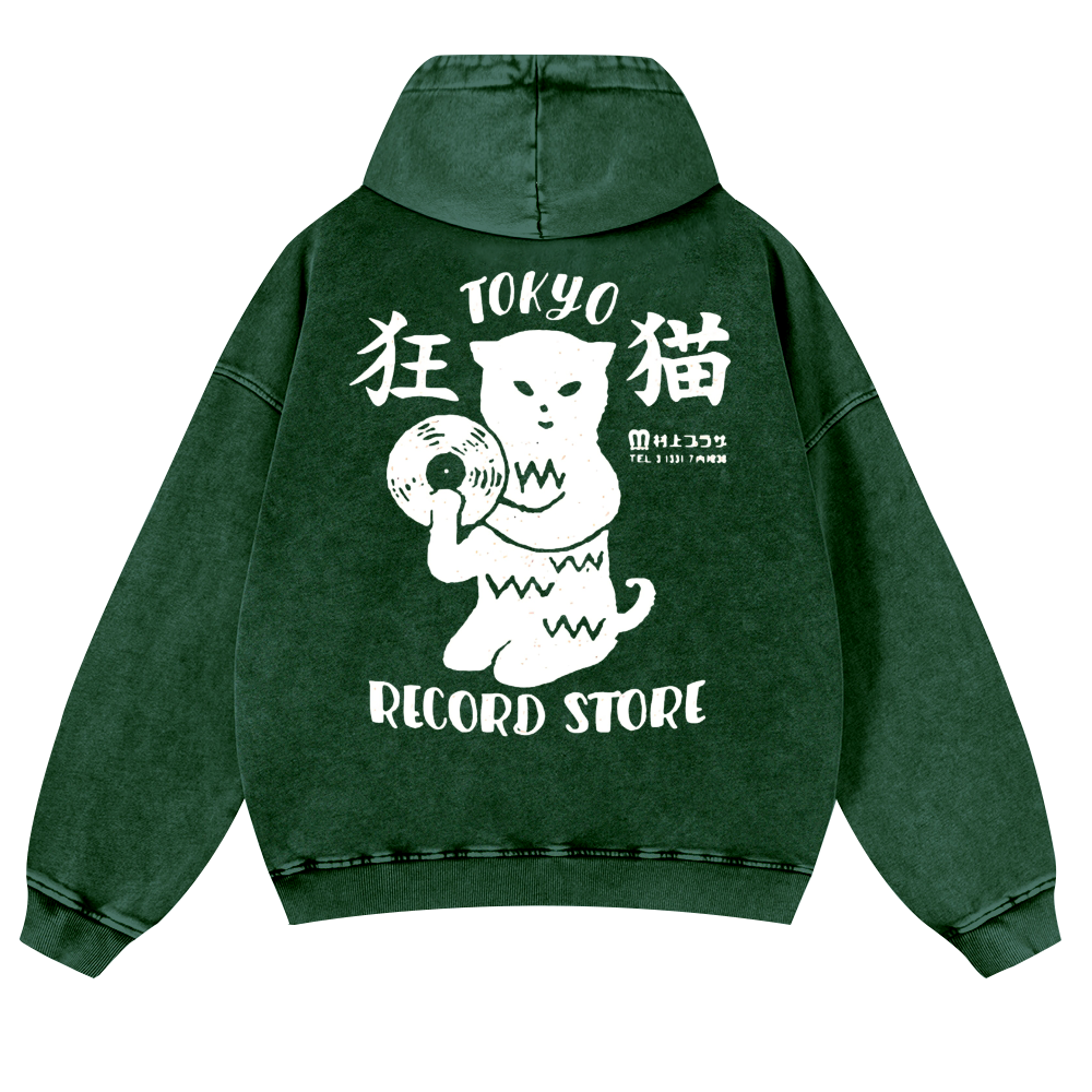 Tokyo Cat Vintage Washed Cotton Back Art Hoodie