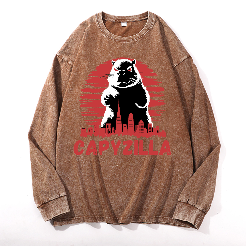 Capybara Godzilla Capyzilla Vintage Cotton Wash Crewneck Sweatshirt