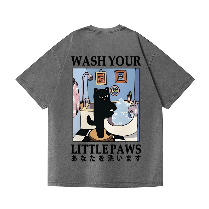 Black Cat Vintage Wash Japanese Design Back Art T-Shirt