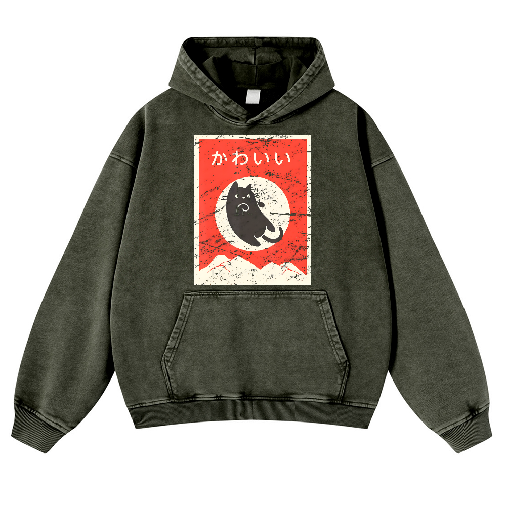 The Jumping Black Cat Vintage Washed Thick Cotton Hoodie
