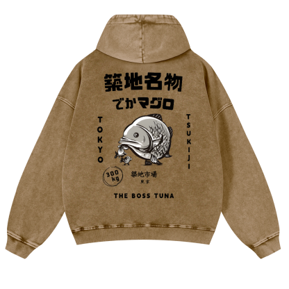 Tsukiji Market Tuna Fish Tokyo Vintage Washed Cotton Back Art Hoodie
