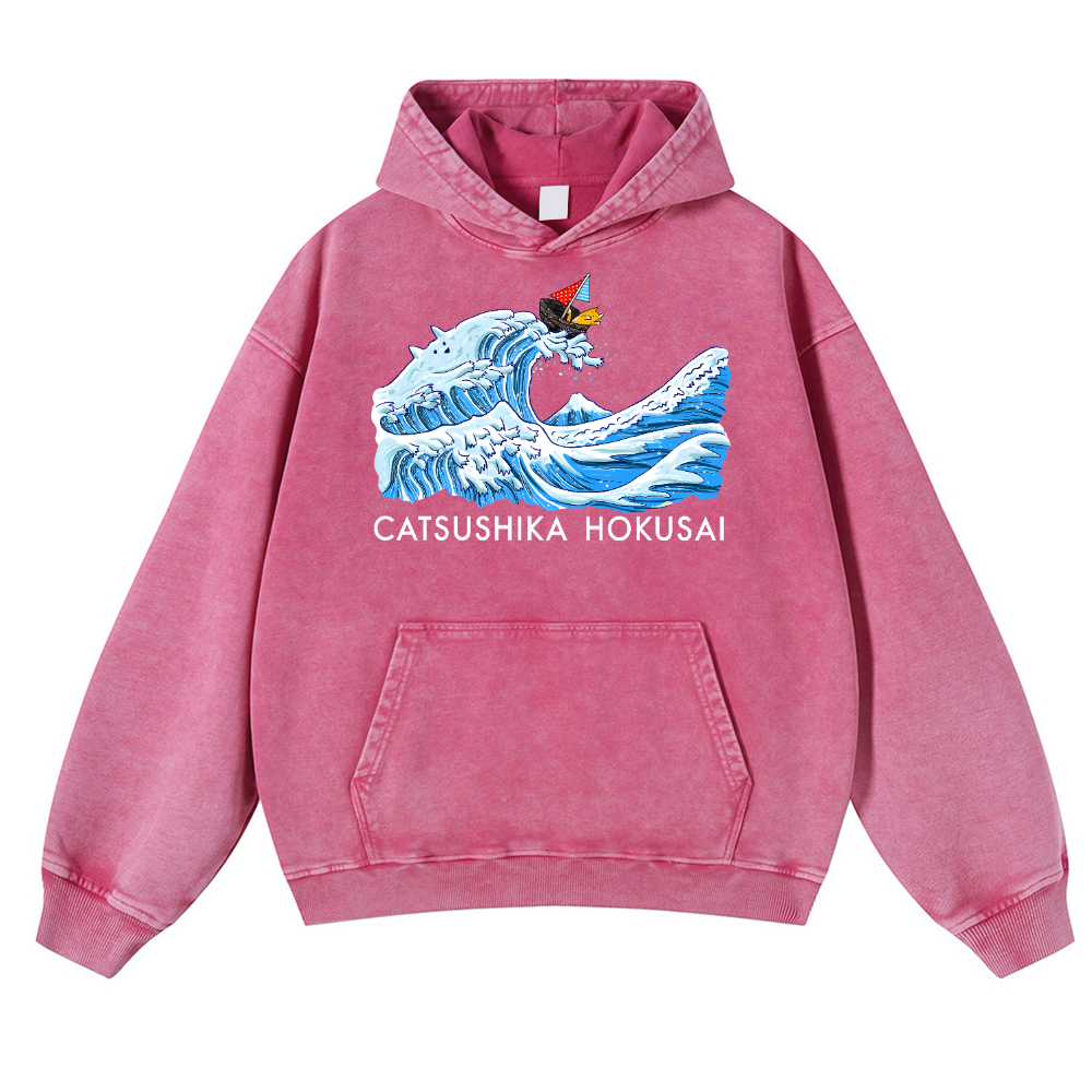 Catsushika Hokusai Cat Vintage Washed Thick Cotton Hoodie