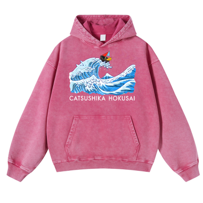Catsushika Hokusai Cat Vintage Washed Thick Cotton Hoodie