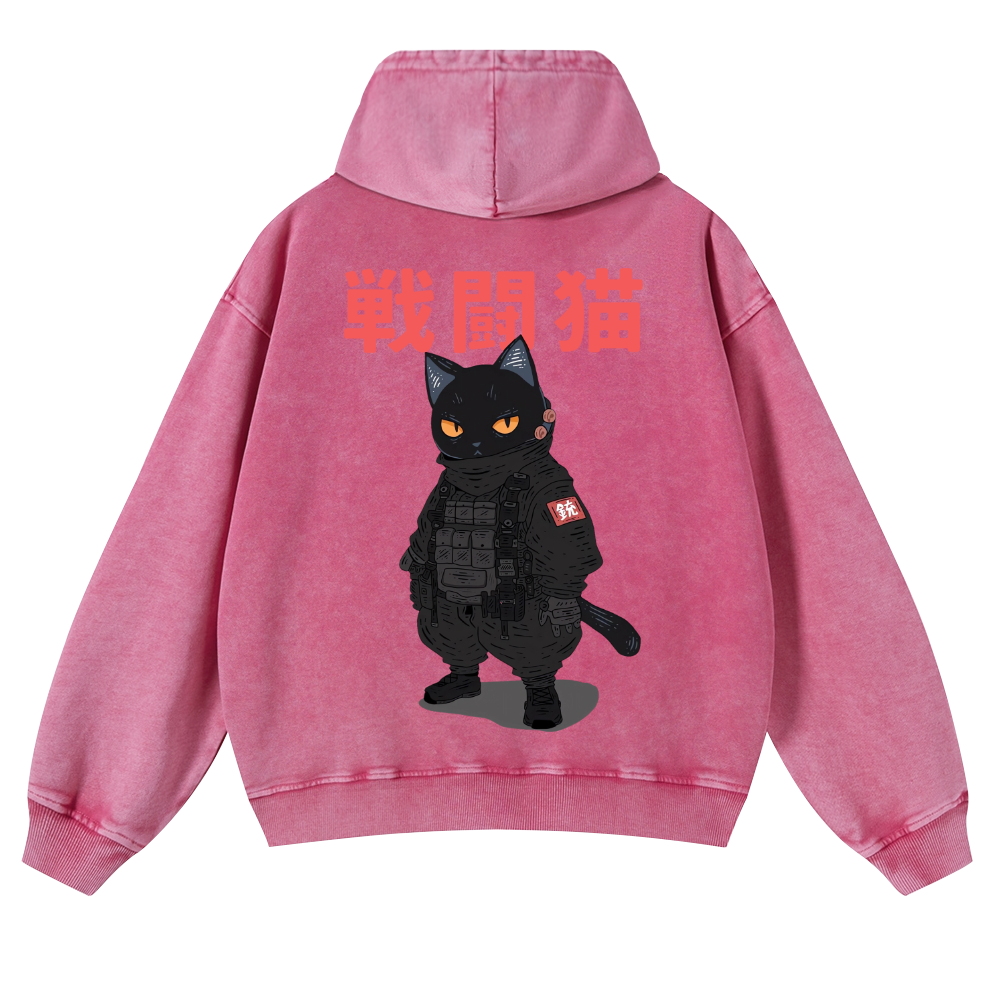 Battle Black Cat Vintage Washed Cotton Back Art Hoodie