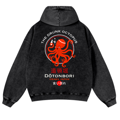 The Drunk Octopus Dotonbori Osaka Japan Vintage Washed Cotton Back Art Hoodie