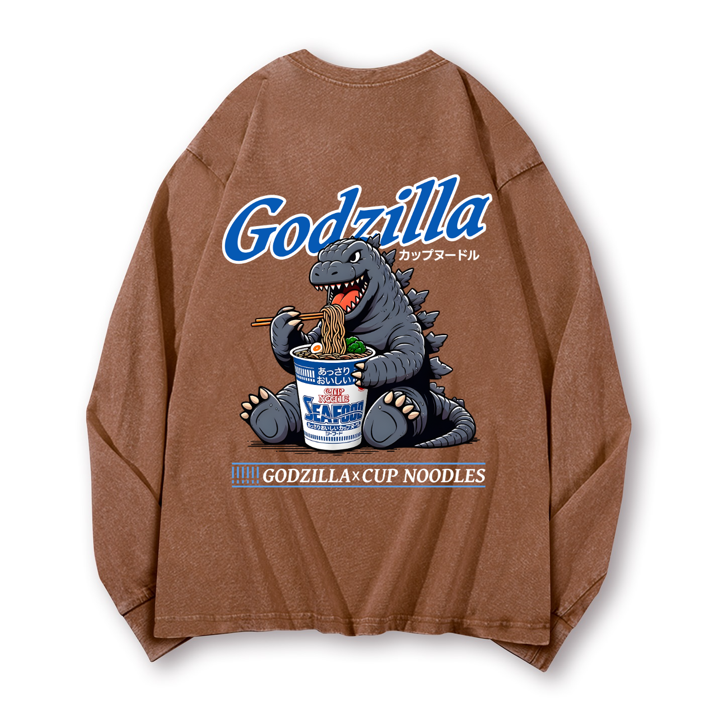 Cup Noodles Godzilla Vintage Washed Cotton Back Art Long-sleeve T-shirt