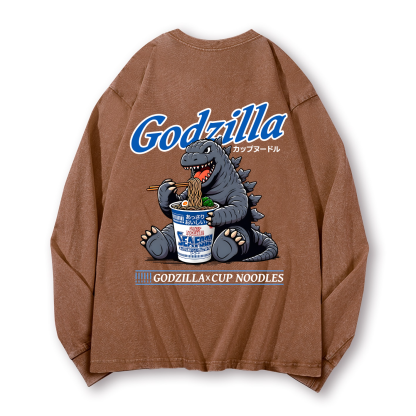 Cup Noodles Godzilla Vintage Washed Cotton Back Art Long-sleeve T-shirt