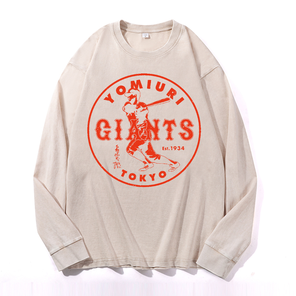 Tokyo Yomiuri Giants Baseball Vintage Cotton Wash Crewneck Long-Sleeve T-Shirt