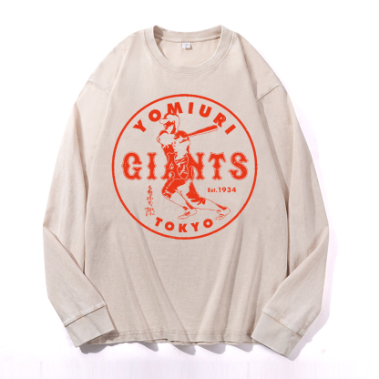 Tokyo Yomiuri Giants Baseball Vintage Cotton Wash Crewneck Long-Sleeve T-Shirt