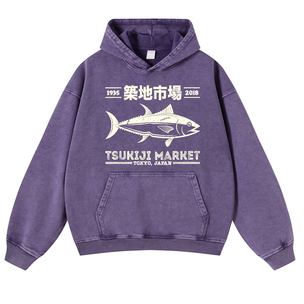 Tsukiji Market Tuna Fish Vintage Washed Thick Cotton Hoodie