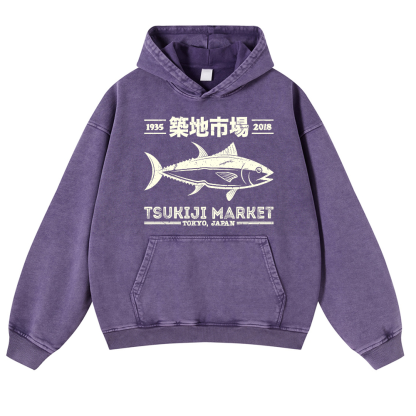Tsukiji Market Tuna Fish Vintage Washed Thick Cotton Hoodie