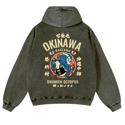 Okinawa Drunken Octopus Vintage Washed Cotton Back Art Hoodie