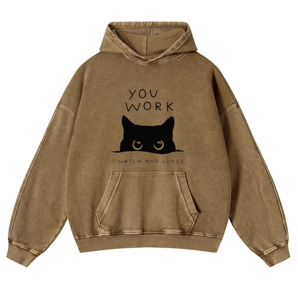 Cat Watching Your Work Vintage Washed Thick Cotton Hoodie