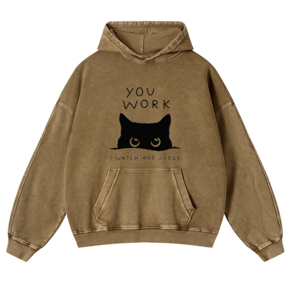 Cat Watching Your Work Vintage Washed Thick Cotton Hoodie