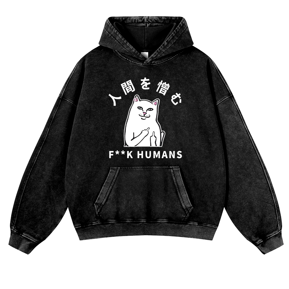 Cat Vintage Washed Thick Cotton Hoodie