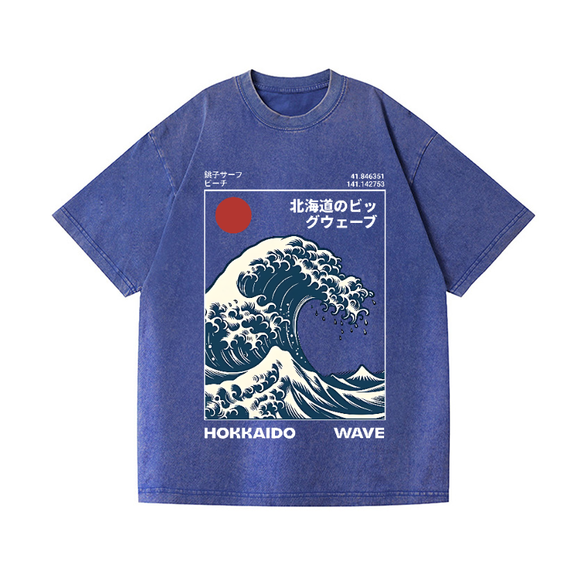 SEA japan ダメージtee グレー　Tシャツ Hokkaido Wave Ukiyoe Vintage Wash Japanese Design T-Shirt