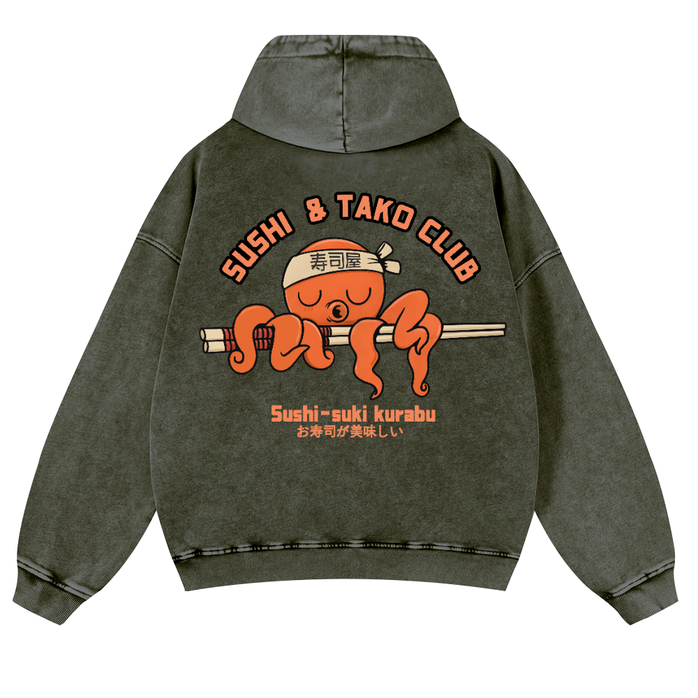 Sushi and Tako Octopus Vintage Washed Cotton Back Art Hoodie